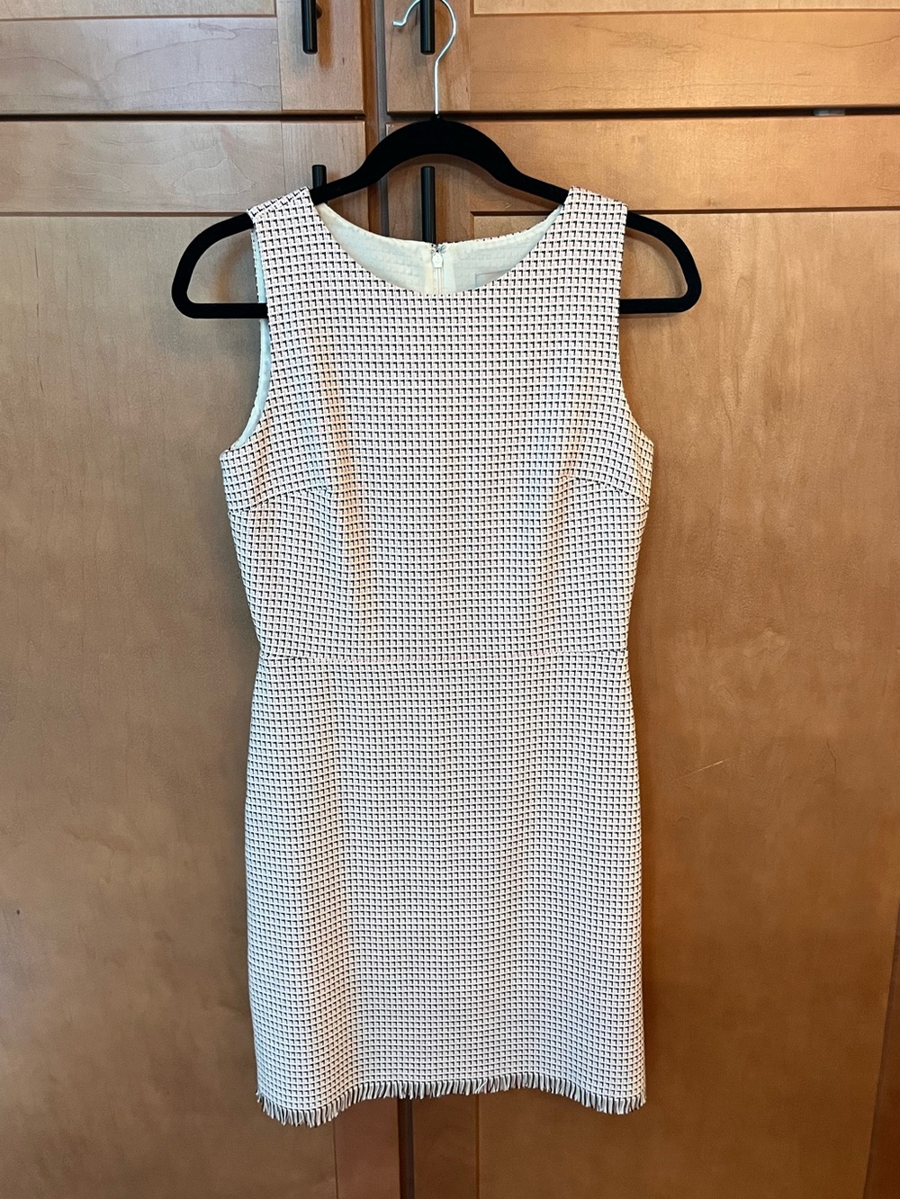 Classic LOFT Checked Print A-Line Sleeveless Sheath Dress with Fringe Hem